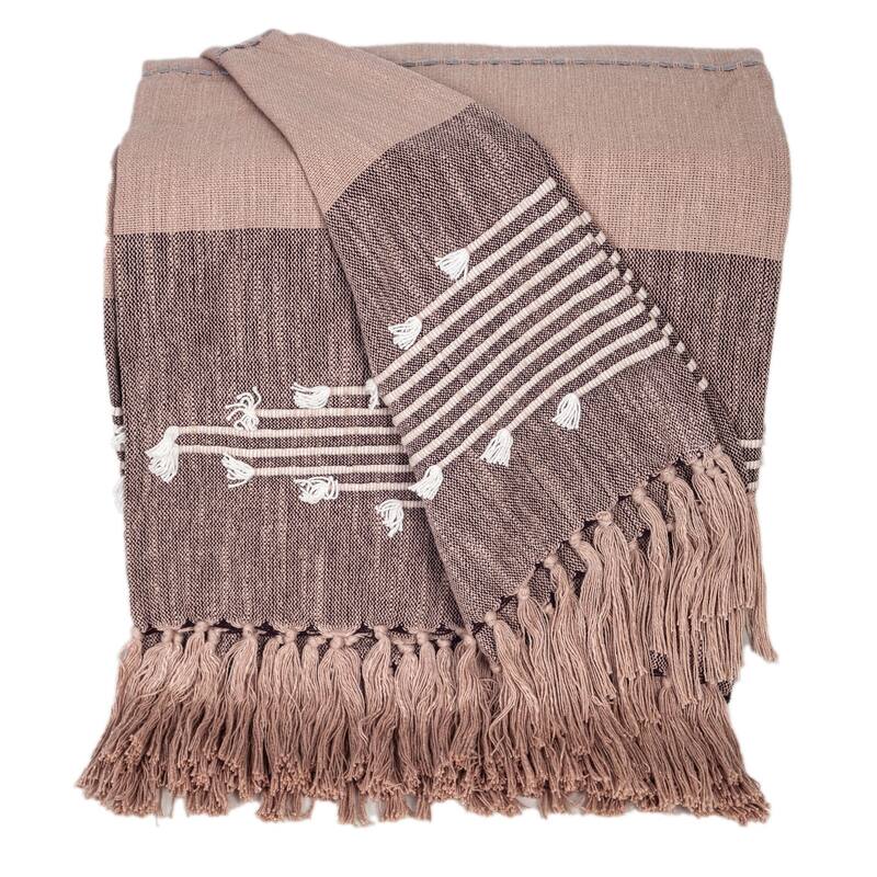 HomeRoots 50" X 60" Taupe and Gray Woven Cotton Striped Throw Blanket with Fringe