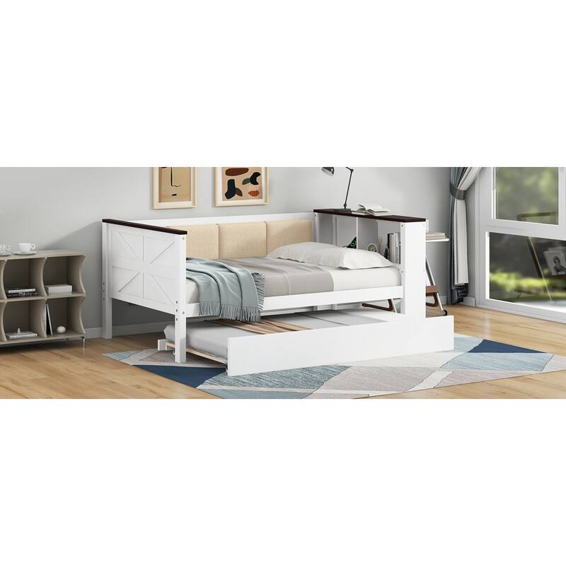 Roomfitters Twin/Full Wood Daybed with Storage Shelves, USB Ports and Trundle, White