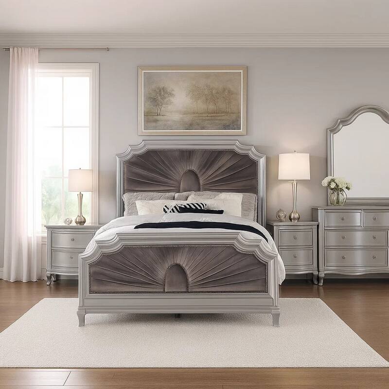 Xan Queen Bed, Silver Wood, Gray Pleated Velvet Upholstery