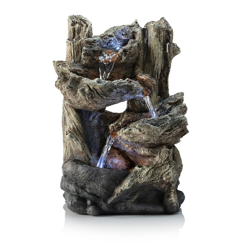 Alpine Corporation 14" Tall Indoor/Outdoor Tiered Log Tabletop Fountain with LED Lights