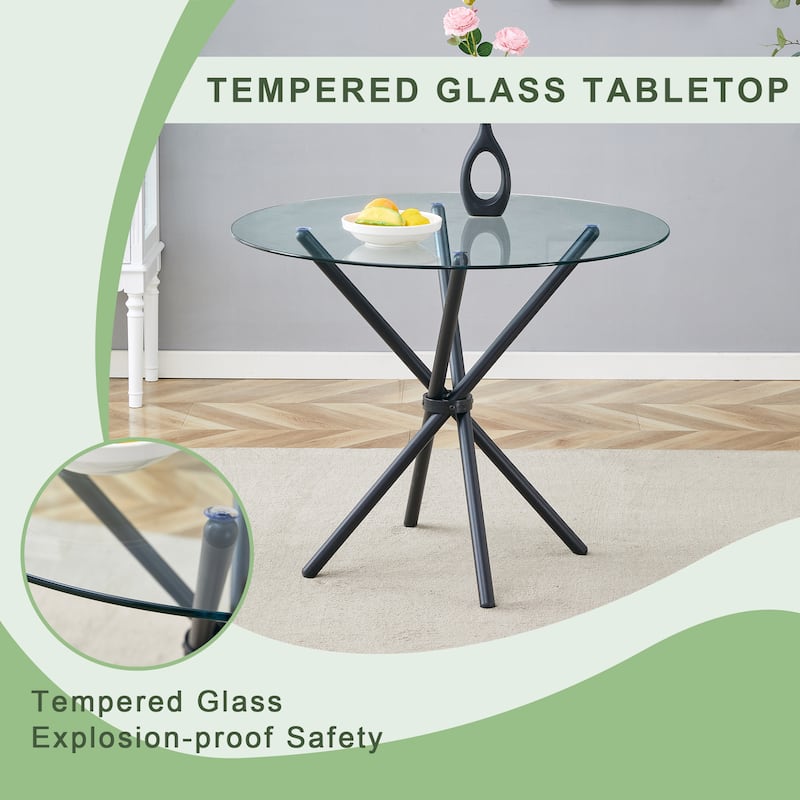 36.6" Circular Transparent Tempered Glass Table with Ring-Shaped Metal Legs - Silver,Transparent