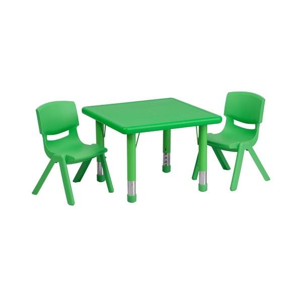 Offex 24'' Square Adjustable Green Plastic Activity Table Set with 2 School Stack Chairs