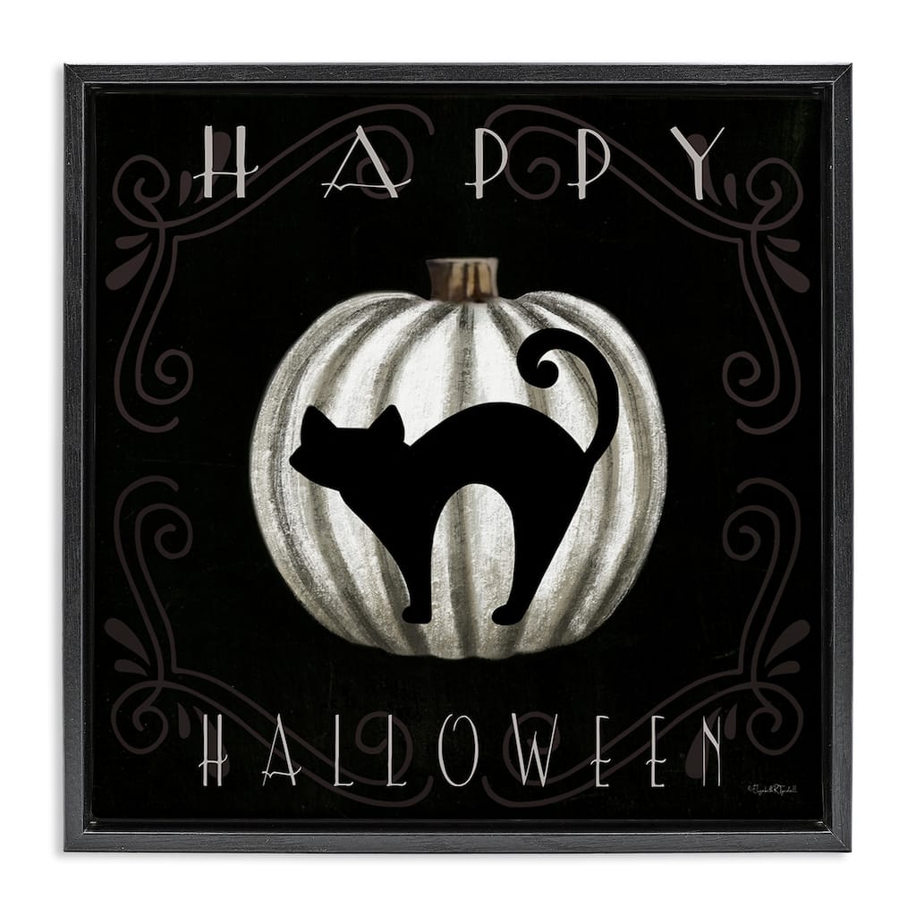 Stupell Happy Halloween Cat & Pumpkin Framed Floater Canvas Wall Art Design By Elizabeth Tyndall