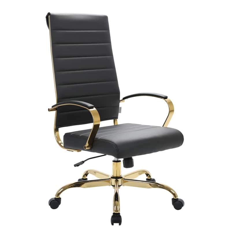 Benmar Ergonomic Ribbed Backrest Leather Executive Office Chair with Gold Frame, Adjustable Height, Tilt, Swivel, Smooth Casters