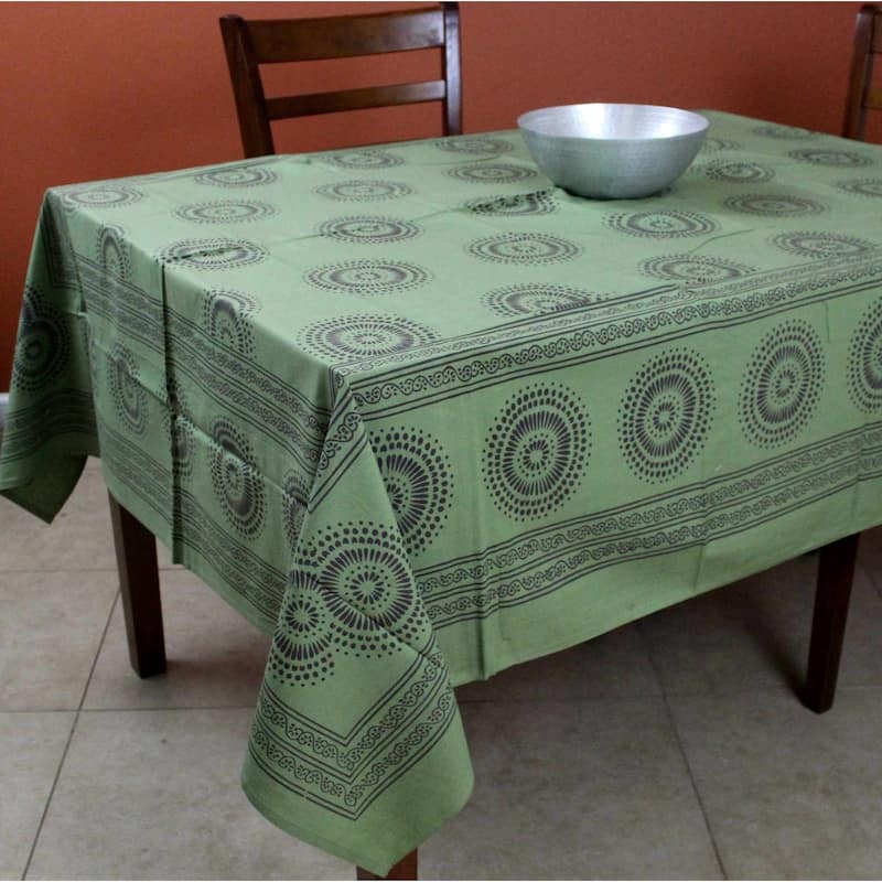Cotton Floral Geometric Circle Print Tablecloth Rectangle - 60 x 90 inches - Green