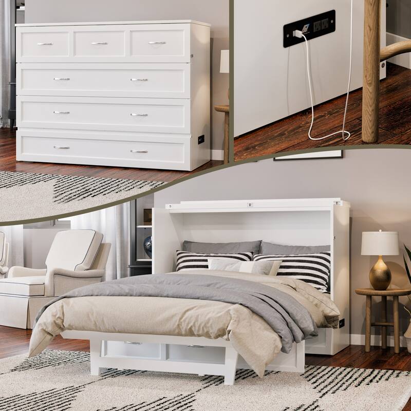 AFI Northfield Murphy Bed Chest with 6" Mattress, Storage Drawer & Built-In Charger - White - Full