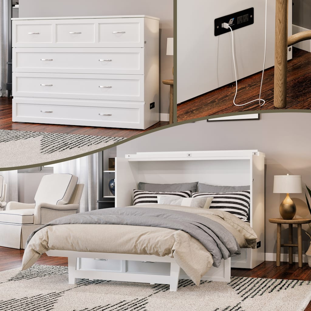 Northfield Full Murphy Bed Chest with 6" Mattress, Storage Drawer & Built-In Charger in White