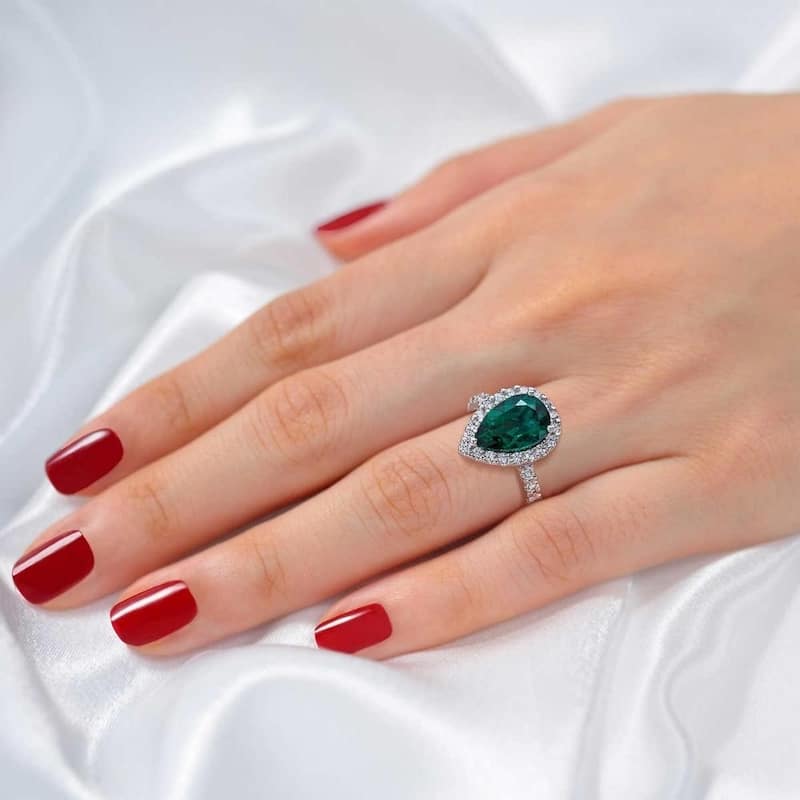 VS 5Ct Pear Shape Emerald & Lab Grown Diamond Halo Ring in 10k White Gold