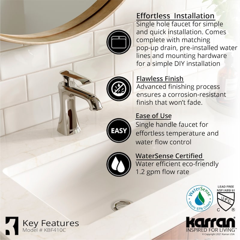 Karran Woodburn Single Hole Single Handle Bathroom Faucet with Matching Pop-Up Drain