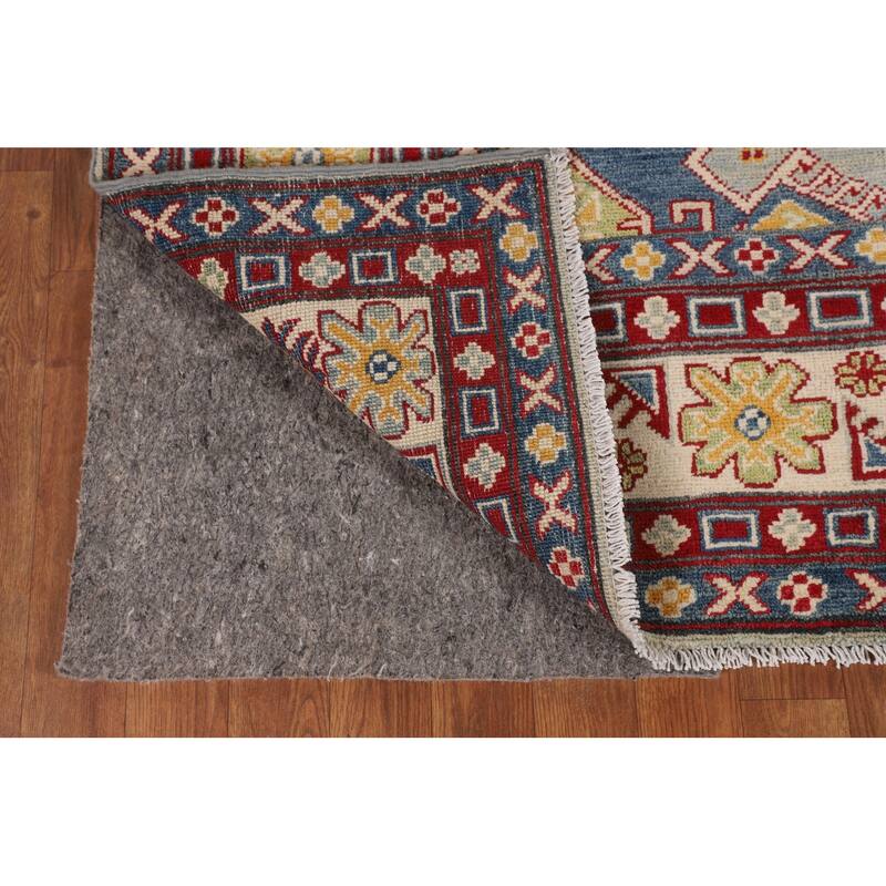 Hand Knotted Oriental 100% Wool Carpet Traditional Geometric Navy Blue & Blues Kazak Area Rug - 9' 8'' X 6' 6''