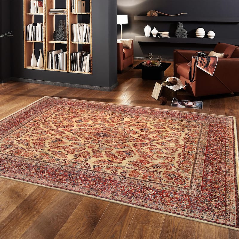 Pasargad Home Antique Sarouk Collection Wool Area Rug, Ivory/Burgundy - 11'10" X 13'11"