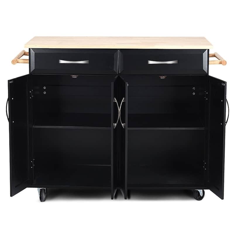 Black Kitchen Island Storage Cabinet Cart with Wood Top and Wheels - 48.5" x 18.5" x 36.5" (L x W x H)
