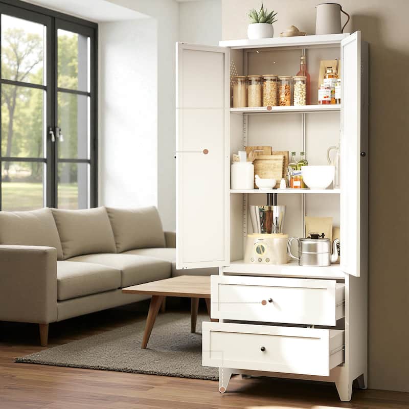 72" Tall Steel Kitchen Pantry Storage Cabinet with 2 Drawers, Adjustable Shelves and Hooks, Freestanding Organizer