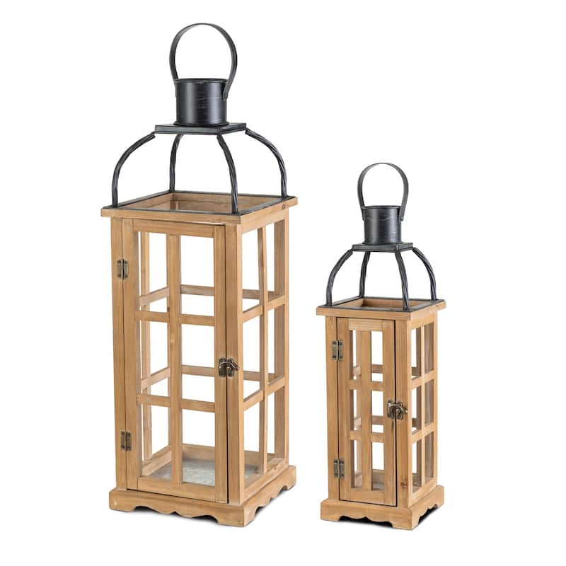 Glitzhome Farmhouse Wooden Metal Cage Candle Holders Patio Hanging Vintage Lanterns (Set of 2)