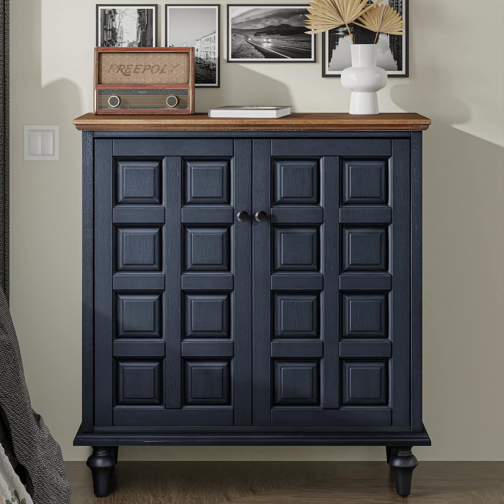 COZAYH Vintage Storage Cabinet With Plaid Pattern Front, Rustic Sideboards With Push-to-open Doors For Bedroom, Living Room