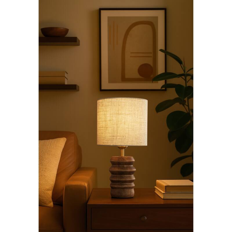 15'' Rustic Small Ribbed Wood Bedside Table Lamp Nightstand Lamp with Beige Fabric Shade for Bedroom, Desk, Living Room - W8''
