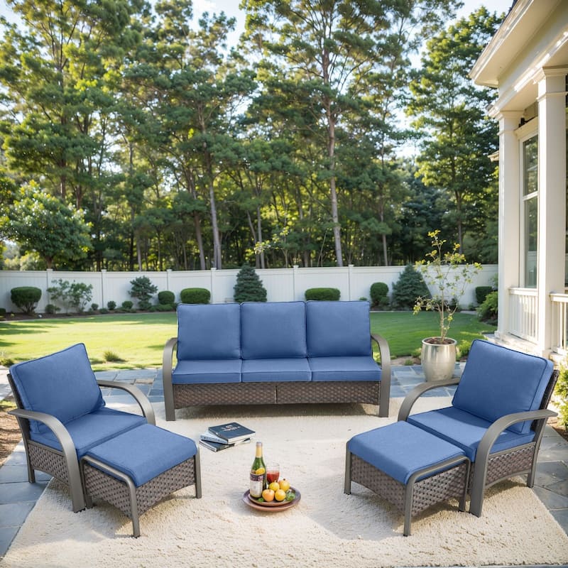 Pocassy Outdoor Furniture Sofa Patio Chairs with Ottoman - Blue Cushion - 5PCS Sofa Patio Chair with Ottoman