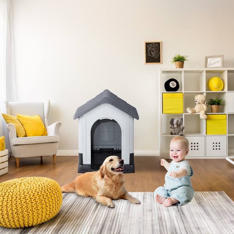 Plastic Dog House with Air Vents, Elevated Floor, Insulated Outdoor Indoor Kennel for Small Dogs
