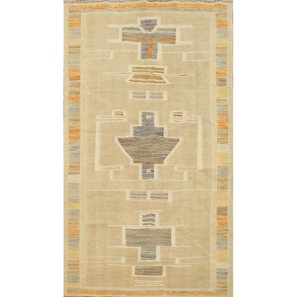 Hand Woven Oriental 100% Wool Carpet Southwestern Tribal Beige & Ivories Kilim Area Rug - 5' 9'' X 3' 10''