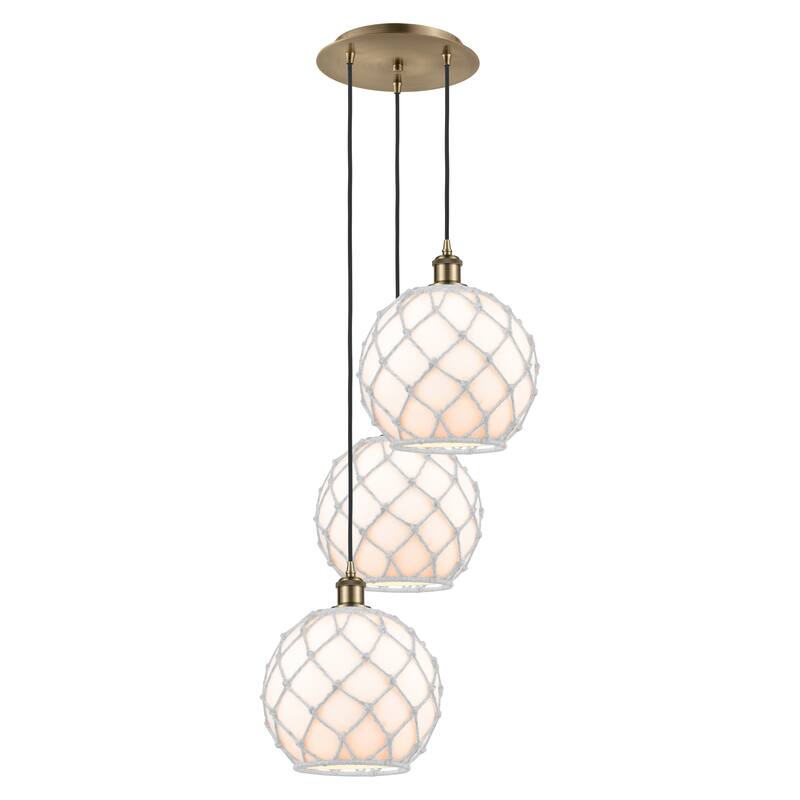 Innovations Lighting Endless Possibilities Ballston - Farmhouse Rope - 3 Light 17" Cord Hung Multi Pendant - Antique Brass/White Glass with White Rope