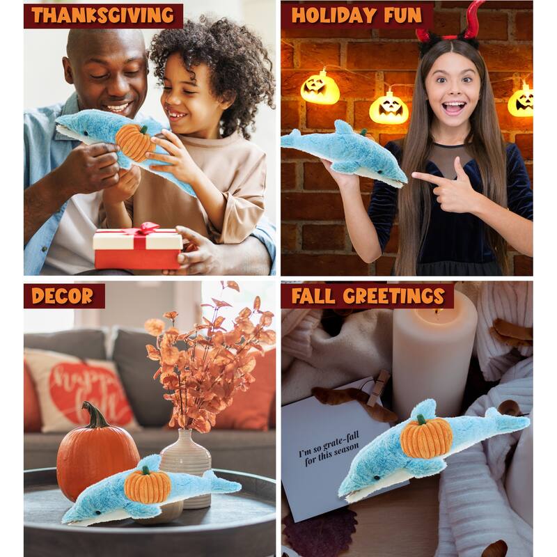 DolliBu Super Soft Dolphin Stuffed Animal with Pumpkin Decor - 14 inches