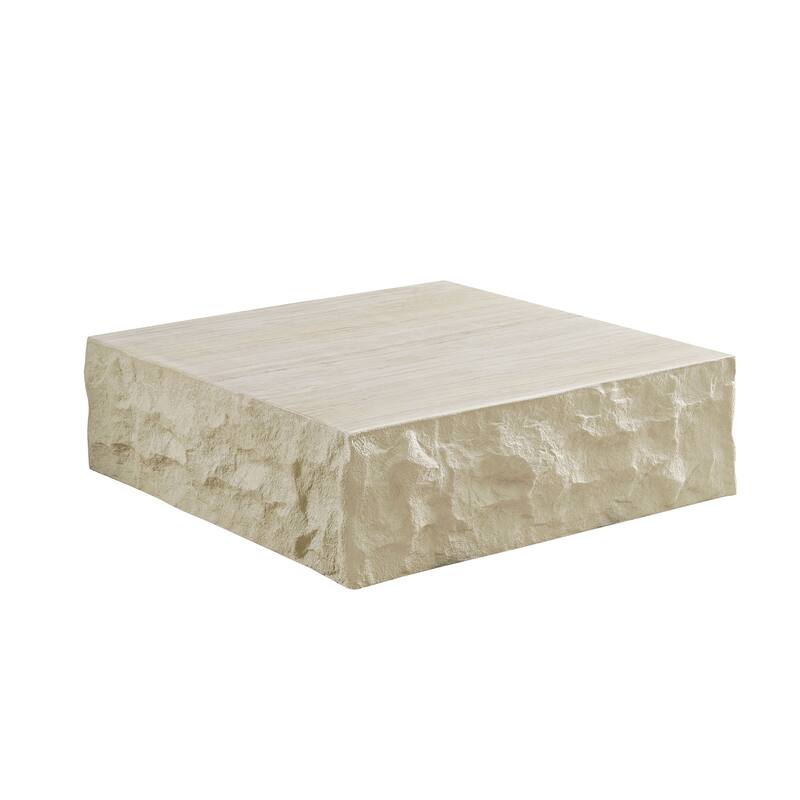 35.43 Inch Retro Table Modern Coffee Table Fiberglass Square Coffee Table with Surface Small Holes, for Living Room - Beige