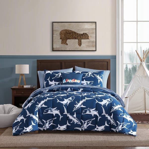 slide 2 of 9, Eddie Bauer Vinny And Shark Friends Reversible Blue Comforter Bonus Set