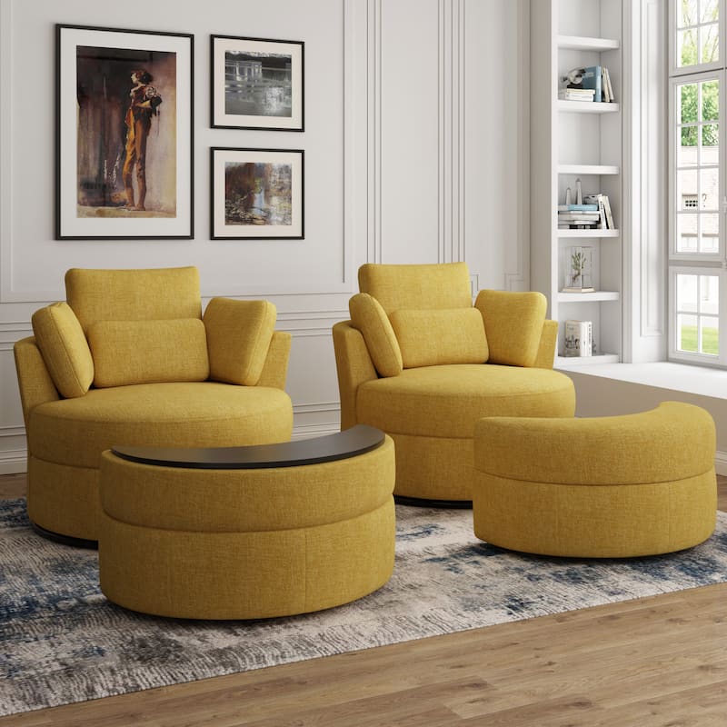 Upholstered Swivel Barrel Armchair with Storage Ottoman (Set of 2) - Chair&Ottoman set - Mustard Chenille