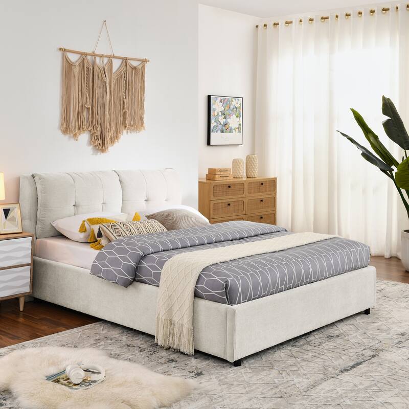 Queen Size Storage Upholstered Hydraulic Platform Bed with Integrated Headboard, Chenille Fabric, Gray