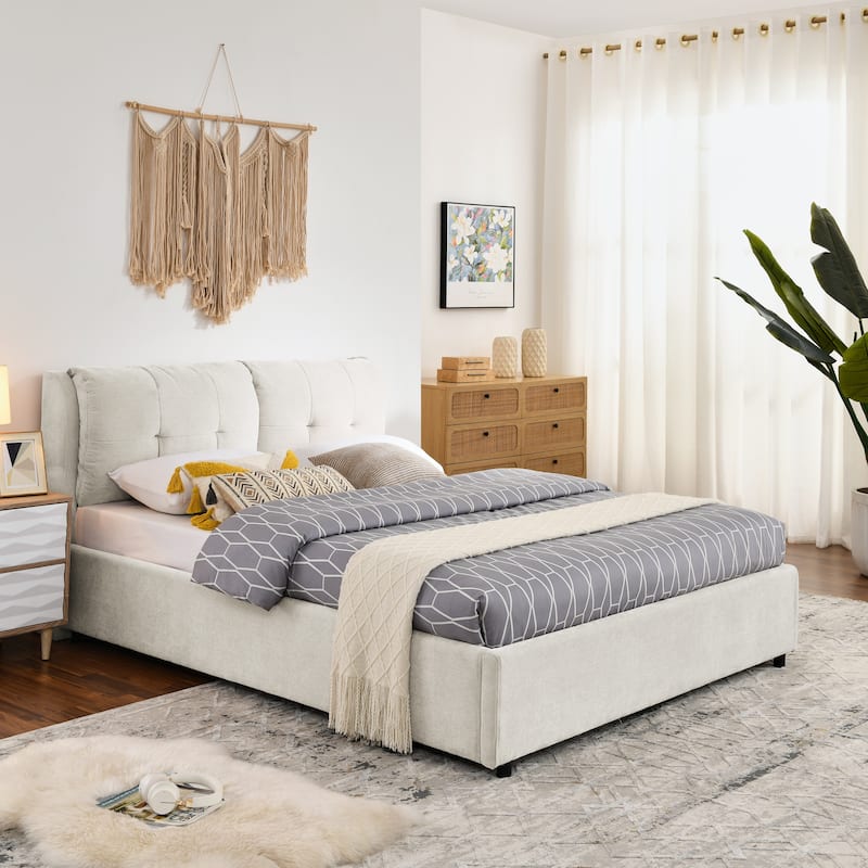 Queen Size Storage Upholstered Hydraulic Platform Bed with Integrated Headboard, Chenille Fabric