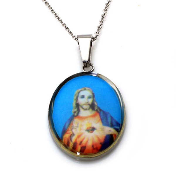 Stainless Steel Jesus Oval Pendant - 18 inches
