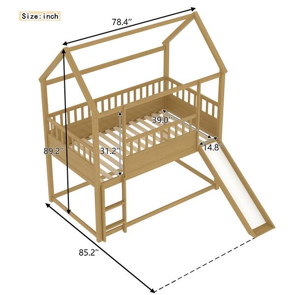 dimension image slide 0 of 2, Wooden House Bunk Bed with Convertible Slide and Ladder,Twin Over Twin