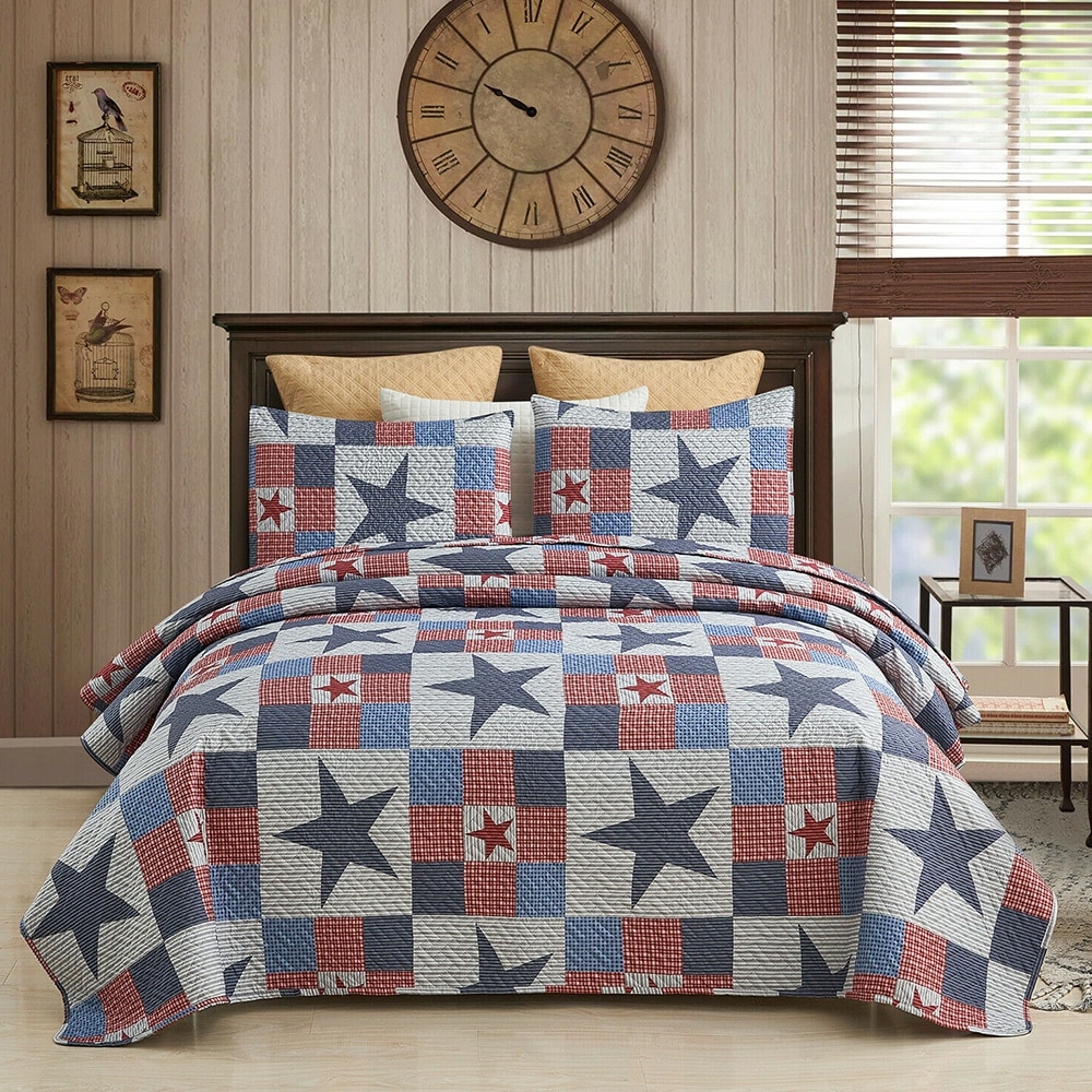 3 Piece Quilt Set Bedspread Matching Pillow King Star 92 x 104 Blue