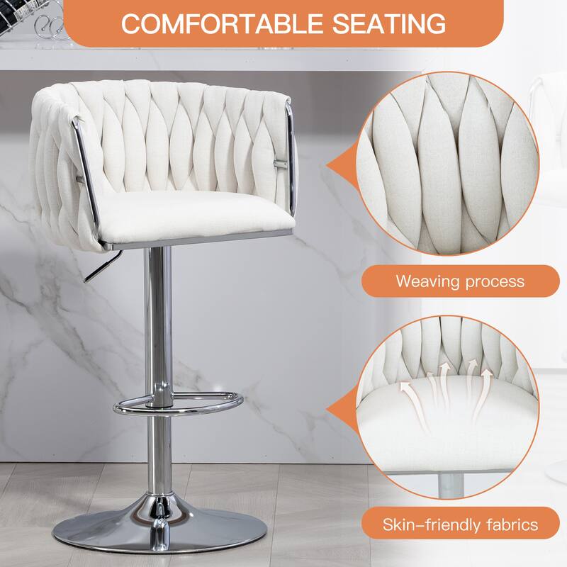 360° Swivel Fabric Cover Bar Stools Set of 2, Adjustable Height Bar Accent Chairs with Woven Back and Silver Chromed Base