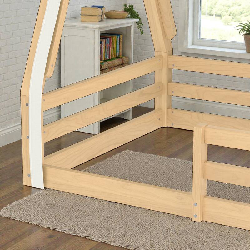 Montessori House Floor Bed with Tent and Lights, Solid Wood Teepee Bed with Guardrails, Twin/Full Kids Bed Frame