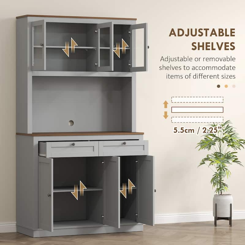 HOMCOM 71" Tall Kitchen Pantry Storage Cabinet with Microwave Stand, Adjustable Shelves and Glass Doors for Kitchen, White