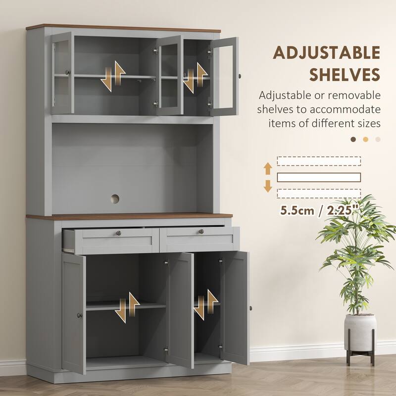 Tall Adjustable Shelves Kitchen Pantry Cabinet with Glass Doors and 8 Compartments 2 Drawers - 39.4" W x 15.7" D x 70.9" H
