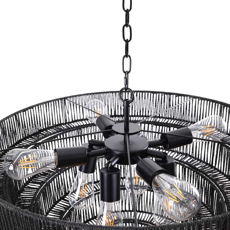 Dimmable 8-Light Hand-Woven Rattan Tiered Chandelier