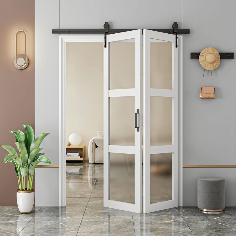 84''H Double Bi Fold 3 Lite Glass Door Primed Finish With Primed Finish Barn Door