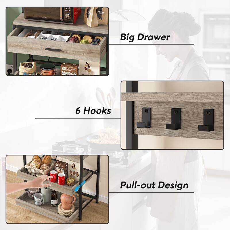 5-Tier Kitchen Bakers Rack with 4 Power & USB Outlets, Microwave Stand with Drawers and Shelves