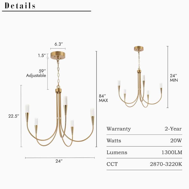 Modern Elegant 5-Light Gold LED Chandelier Dimmable Pendant Light Height Adjustable for Dining Room - 24" D x 22.5" H