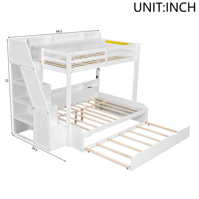 Twin Over Full Size Bunk Bed with Built-in 3-in-1 Storage Shelves and Charging Station, Pull-out Trundle, Storage Staircase