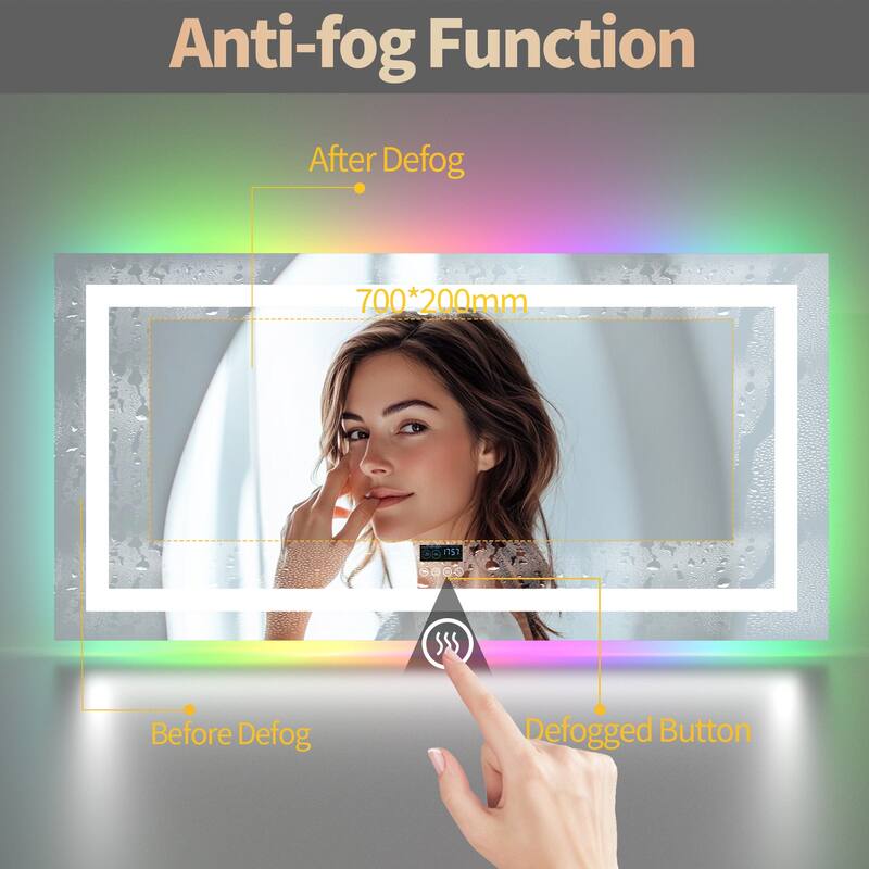 Smart Colorful RGB LED Illuminated Fog-free Extra Large Bathroom Mirror with Bluetooth Speakers, Digital Display