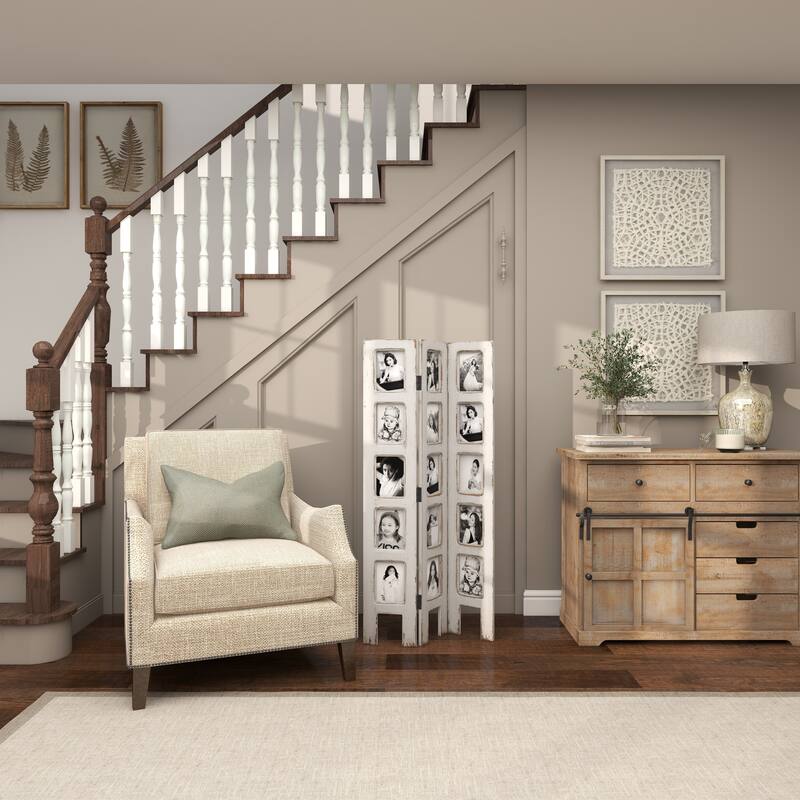 White Wooden Hinged Foldable Partition 3 Panel Partition Room Divider Screen with 15 Photo Slots