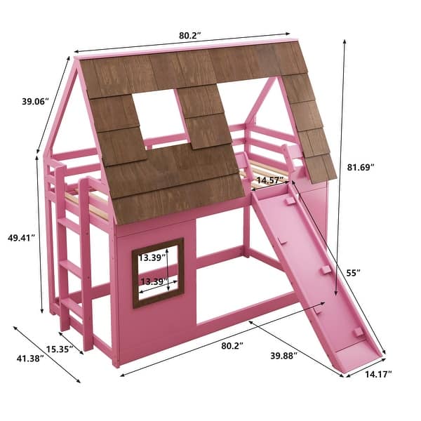 dimension image slide 1 of 3, Kid-Friendly Design Twin Over Twin Bunk Bed House Bed