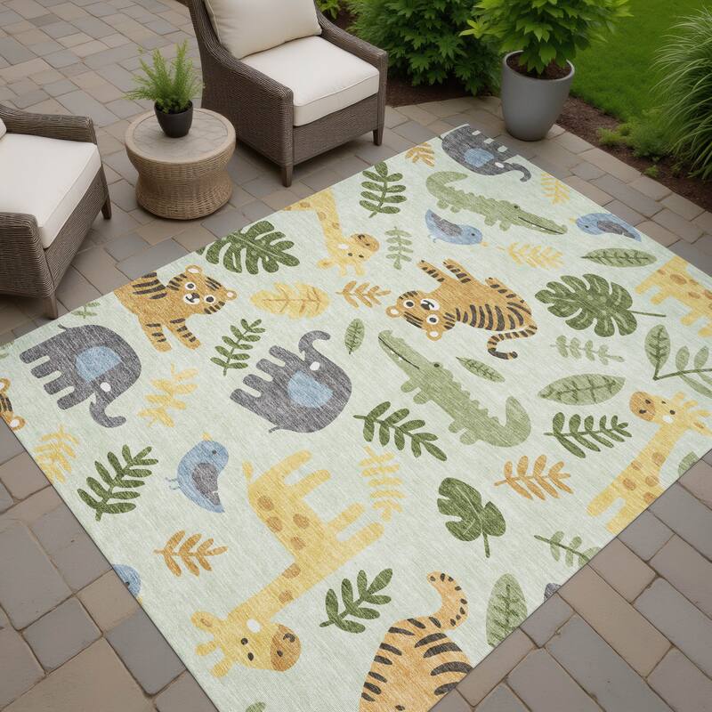 Machine Washable Indoor/ Outdoor Whimsy Safari Animals Chantille Rug