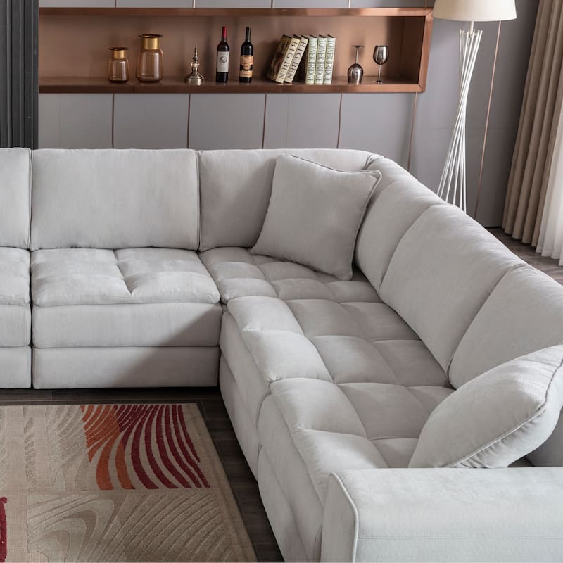 Roundhill Furniture Breton Contemporary Fabric Tufted Modular Sectional Sofa with Ottoman, Oyster