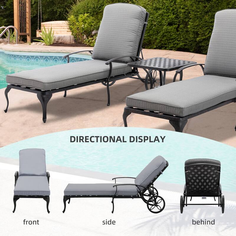 3-Piece Aluminum Reclining Outdoor Chaise Lounge with Cushions and Table