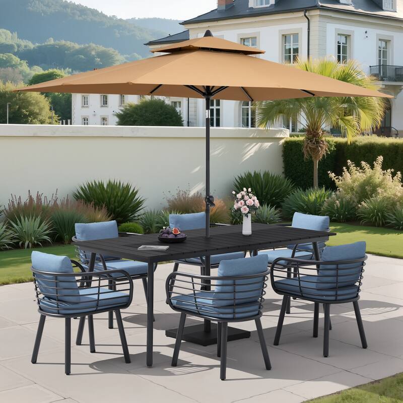 9/11-PieceOutdoor Patio Dining Set with Sunbrella Cushions Aluminum Dining Table and Chairs w/10 ft Umbrella and Base