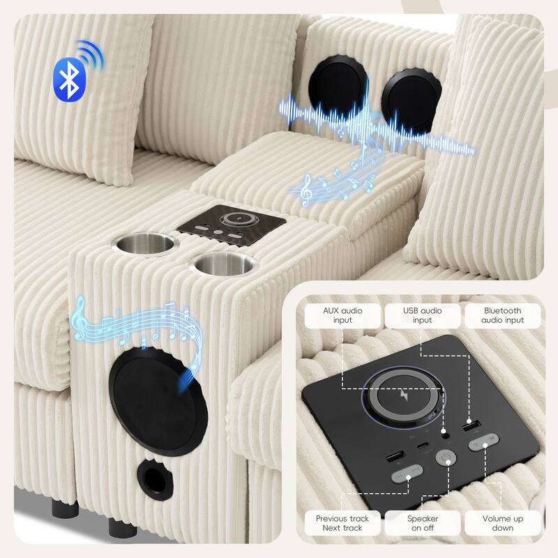 Modular Corduroy Sectional Sofa with Bluetooth Speakers, Charging Ports, Cup Holders, Storage and Ottoman for Living Room